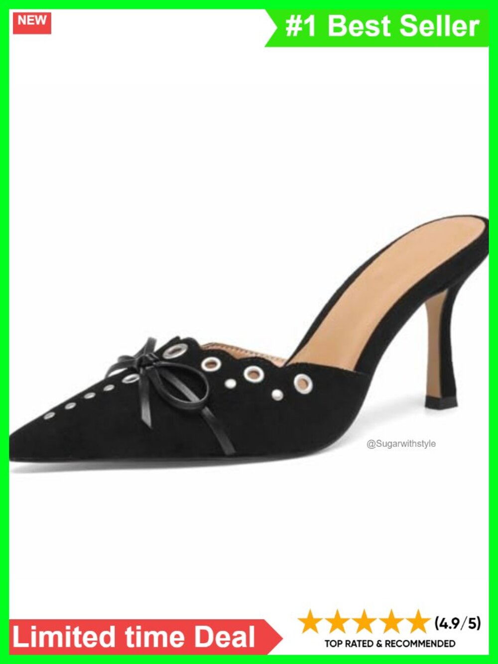 Kitten Heels Pointed Toe Studded Slip On Bow Mules Faux Suede Heeled Sandals